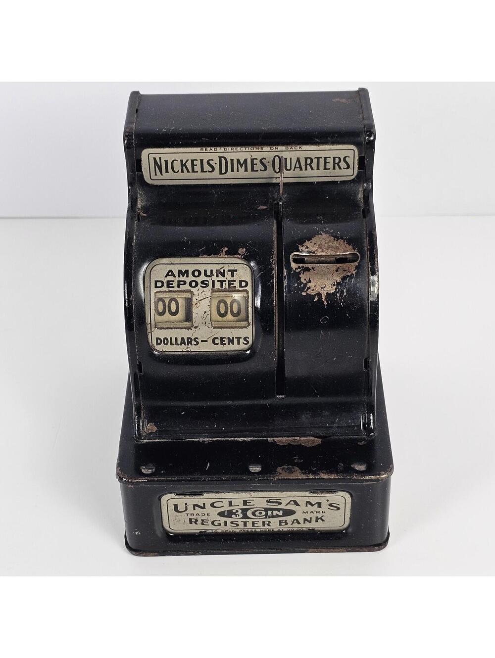 Vintage Uncle Sam 3 Coin Register Bank Black Tin Working Durable Toy Novelty